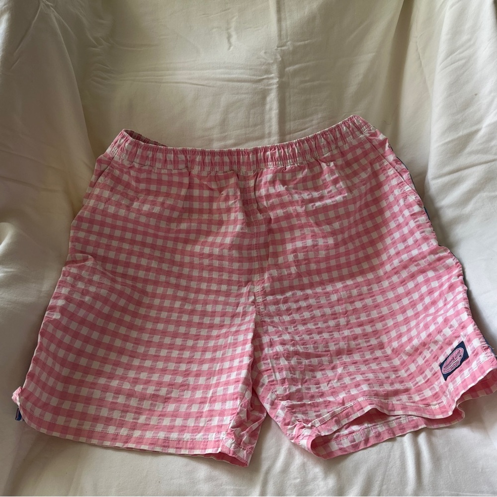 Vineyard Vines Men’s Swim Trunks XL Pink Check Race Stripe Side Pockets